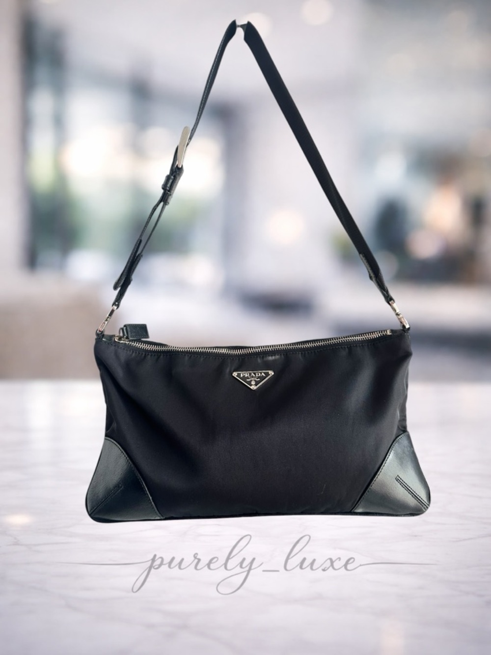 Prada Black Nylon Shoulder Bag with Leather Corner Trim- FREE COA